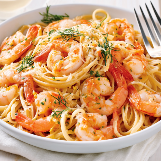 Linguines aux crevettes, sauce beurre à l’ail et vin blanc